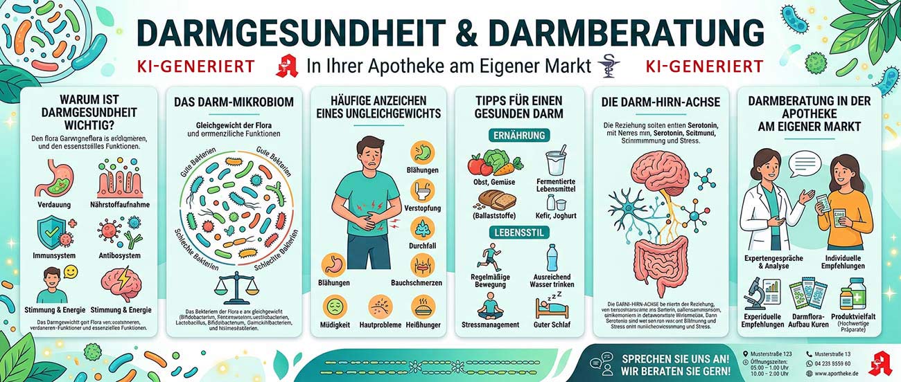 KI-generierte Infografik. Darmberatung in der Bottroper Markt-Apotheke im Eigen KI-generierte Infografik. Darmberatung in der Bottroper Markt-Apotheke im Eigen
